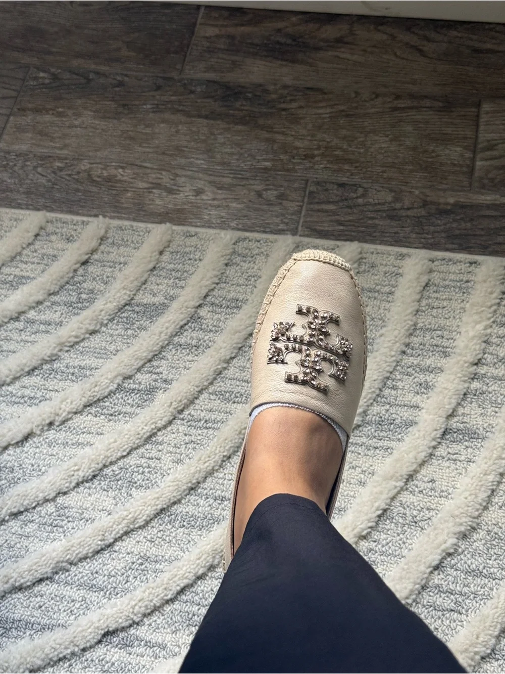 Tory Burch Beige Leather Espadrille Flats with Crystal Logo